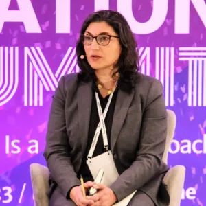 Elham Tabassi speaking at the International AI Summit 2023